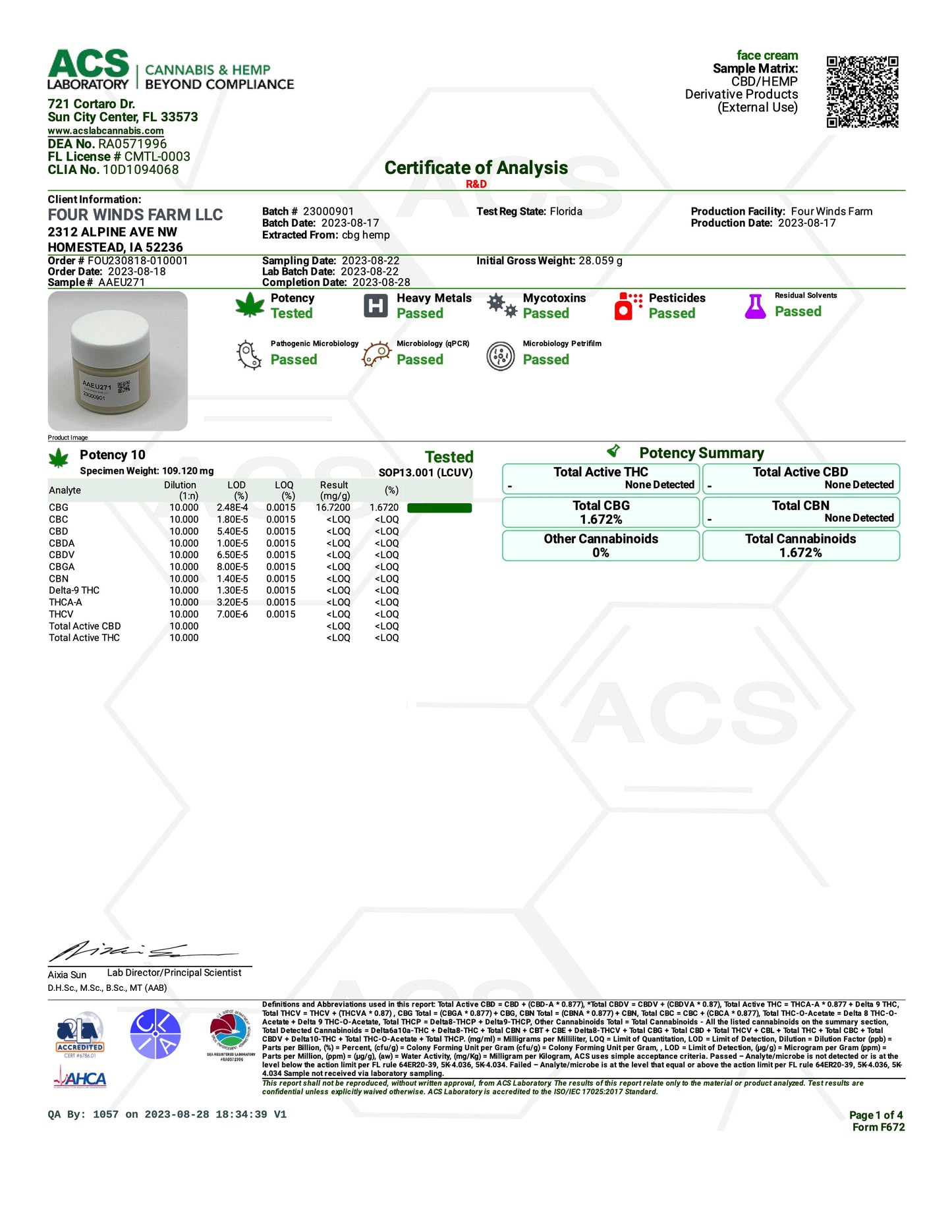 CBG Face Cream - Four Winds Farms